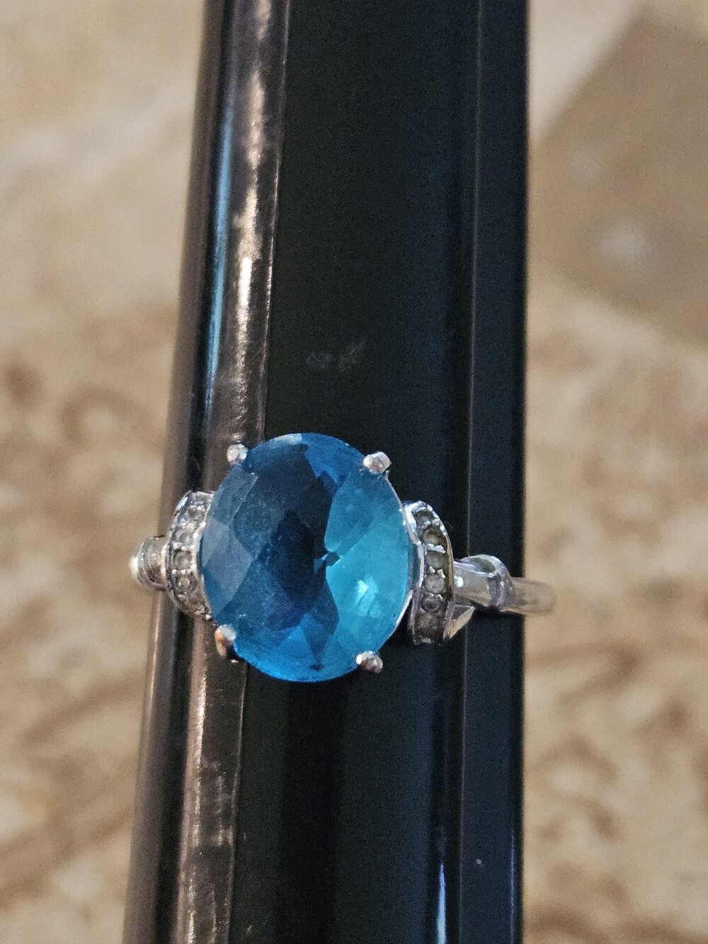 Blue Stone Ring Blue Topaz Crystal Glass 925 Stamped Size 11
